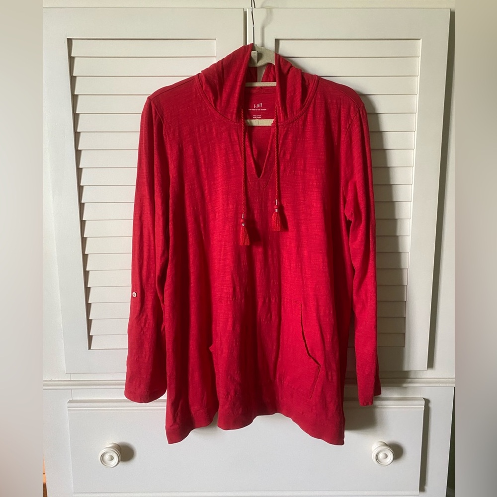 J. Jill Red V-Neck Hooded Pullover with Tassels